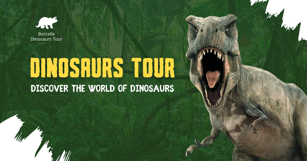 "Dinosaurs Tour: Discover the World of Dinosaurs" graphic for a blog post listing the best dinosaur mobile games, inviting readers to explore jurassic worlds with giant dinosaurs like the Tyrannosaurus Rex shown.