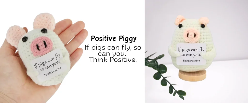 Positive Piggy - If pigs can fly, so can you. Think Positive, Crochet Pig doll with Positive card in hand, 26 Cute Handmade Crochet Toys Gift Ideas, Birthday Gift for Friends and Family, crochet toys handmade, Positivity Affirmation Card for Encouragement Gifts