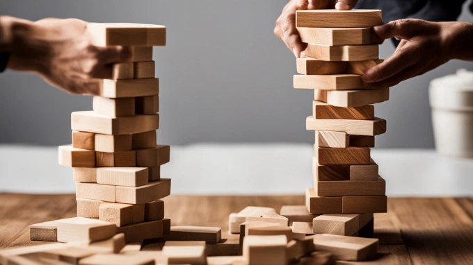 an image that showcases the precision and strategy required when stacking Jenga blocks without making them fall. Focus on the blocks being placed one on top of the other, highlighting the balance and stability needed to achieve success. Utilized shadows and varying thicknesses of the wood to give a sense of depth and dimension. Shown the hands of the person stacking the blocks, but don't show their face to keep the focus on the art of stacking itself.