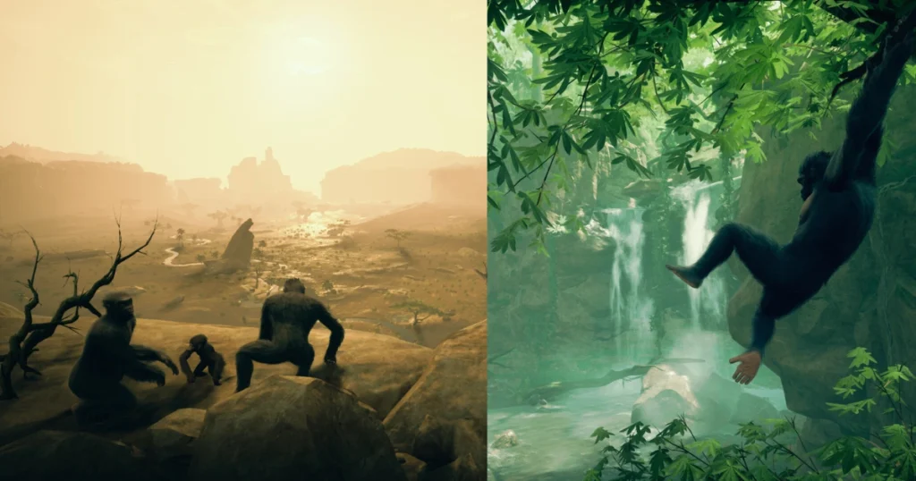 Ancestors: The Humankind Odyssey game scenes depicting early human evolution. Left: Primates in a vast African savannah, symbolizing the challenges of the Neogene period. Right: A primate swinging through jungle branches, showcasing exploration and survival. Players explore, evolve, and expand their clan's knowledge through survival, crafting, and hunting in this open world adventure.