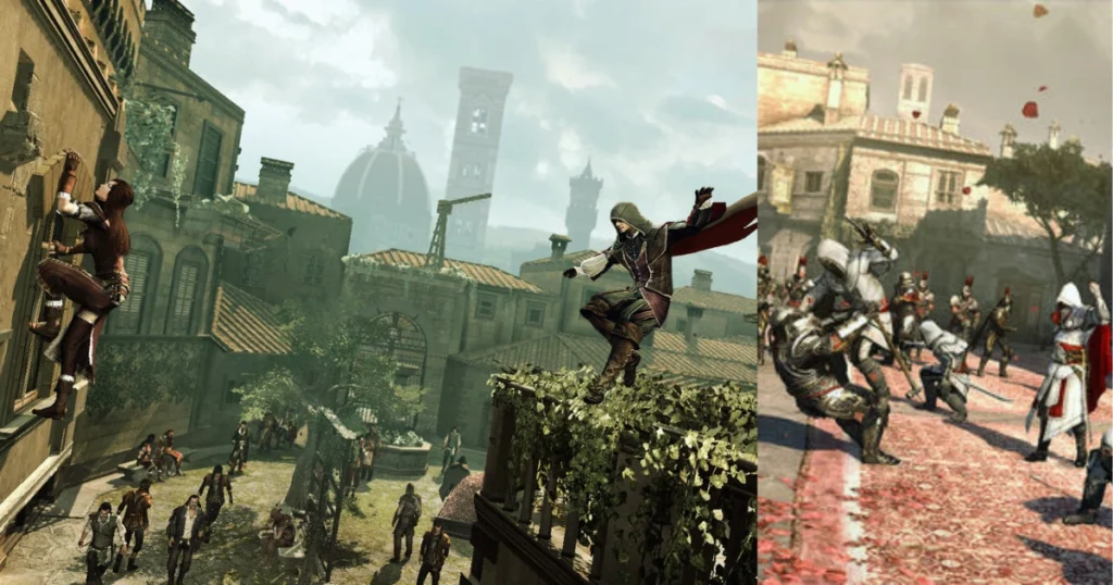 A scene from an Assassin's Creed game showing a character standing on a rooftop in a city. There are buildings and other structures in the background. The character is holding a sword and looking out over the city.