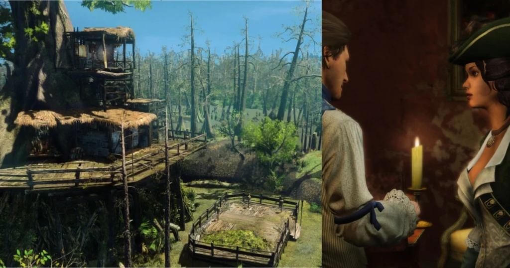 A scene from Assassin's Creed Liberation HD showing a wooden hut in a swamp on the left. On the right, a man and a woman are standing in a dimly lit room, holding candles.