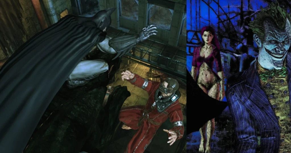 A scene from the video game Batman: Arkham Asylum showing Batman standing over a defeated enemy on the left. On the right, the Joker is shown with a sinister grin, and Harley Quinn is also visible in the background.