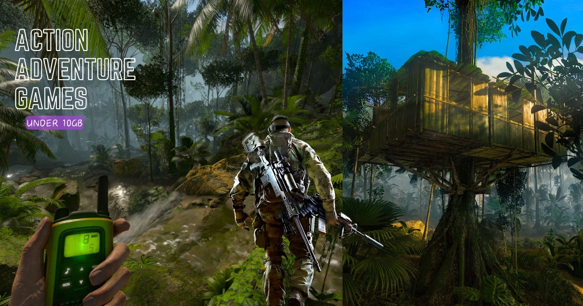 A blog post title, "20 Best Action Adventure PC Games Under 10GB," with a background image showing a man in a jungle holding a walkie-talkie and a rifle, with a treehouse visible in the background.