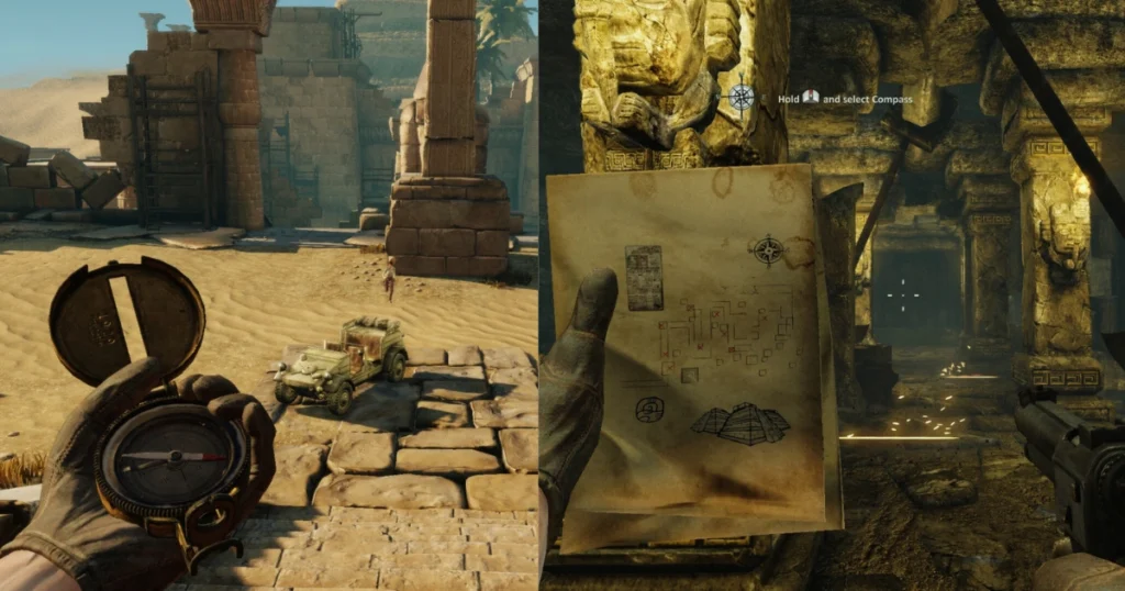 A scene from the video game "Deadfall Adventures," showing a character holding a compass in one hand and a map in the other. On the left, the character is standing in a desert environment with a jeep in the background. On the right, the character is looking at a map that shows a treasure chest and a temple.