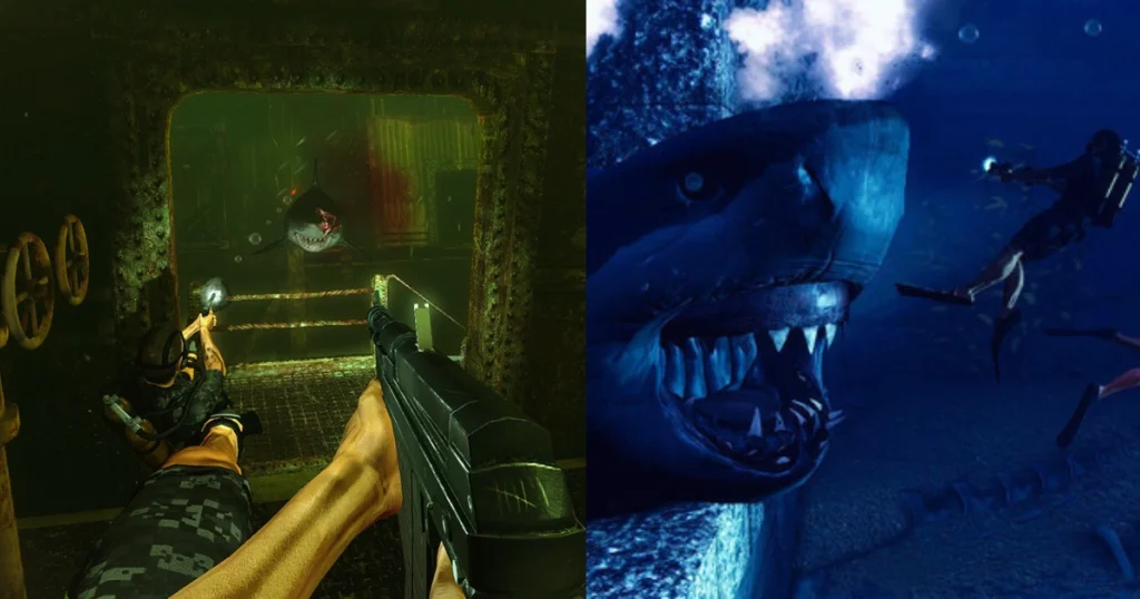 A scene from the video game "Depth" showing a diver in a submarine, aiming a gun at a shark that is attacking through a window. On the right, a close-up of a shark's face is shown, with its mouth open and teeth bared.