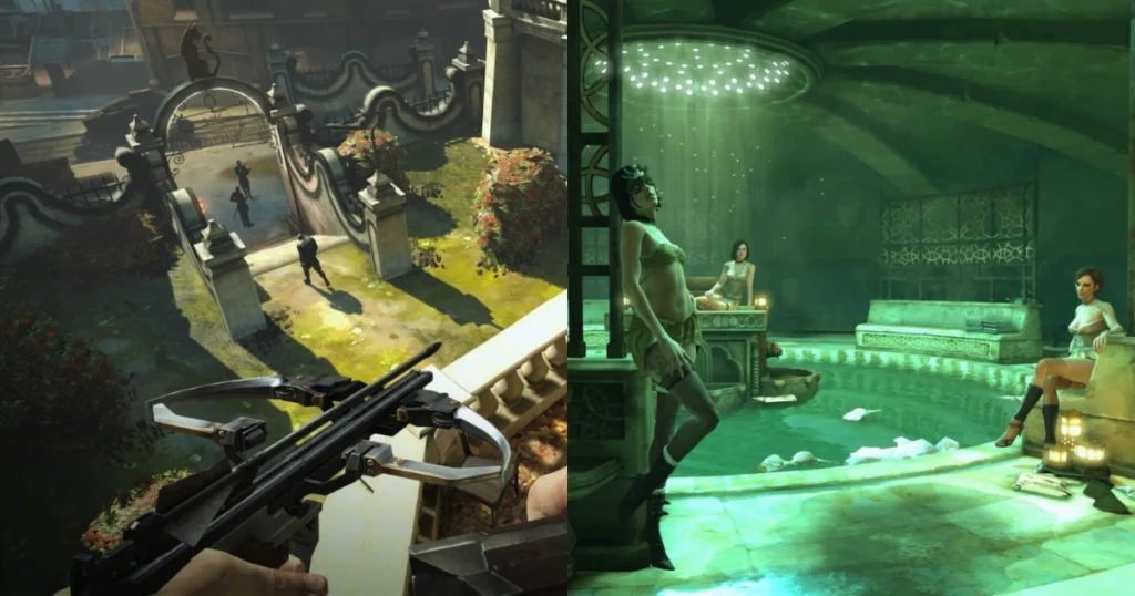 A scene from the video game Dishonored showing the player aiming a crossbow at a group of guards in a courtyard on the left. On the right, the player is looking at a woman standing on a balcony overlooking a luxurious bathhouse.