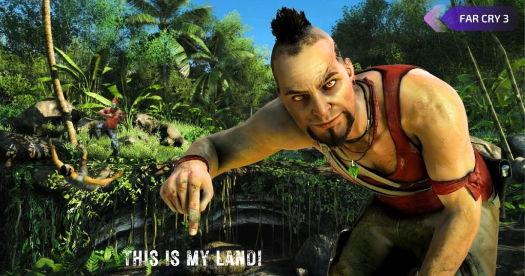 A gameplay screenshot of the Far Cry 3, a wild adventure pc game with survival action genre that you can play without any dedicated graphic card on your PC, there is also a Far Cry 3 gameplay quote visible in this image saying "This is my land" by the main villain character of this game