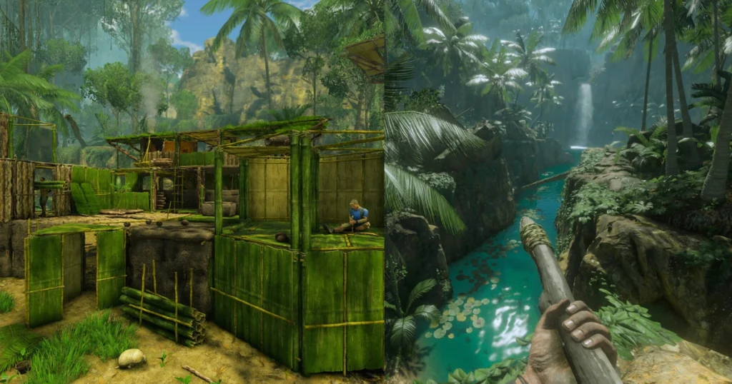 A scene from the video game Green Hell showing a player building a bamboo hut in the Amazon rainforest on the left. On the right, the player is shown exploring a lush jungle environment with a spear in hand.