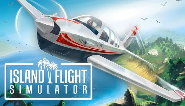 A gameplay screenshot and poster of Island Flight Simulator, A flight simulator game for Low-end PC under 1GB