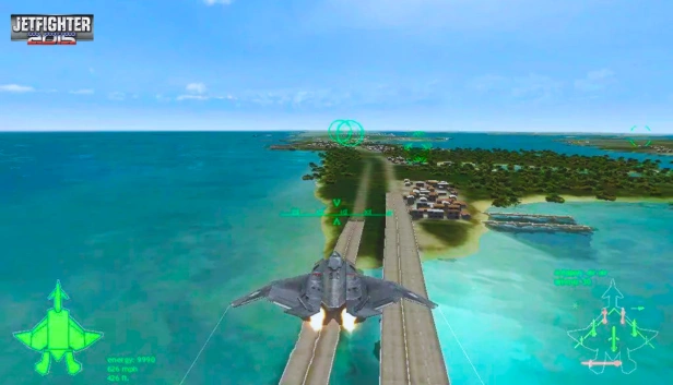 A gameplay screenshot and poster of JetFighter 2015, a flight simulator game for Low-end PC under 1GB