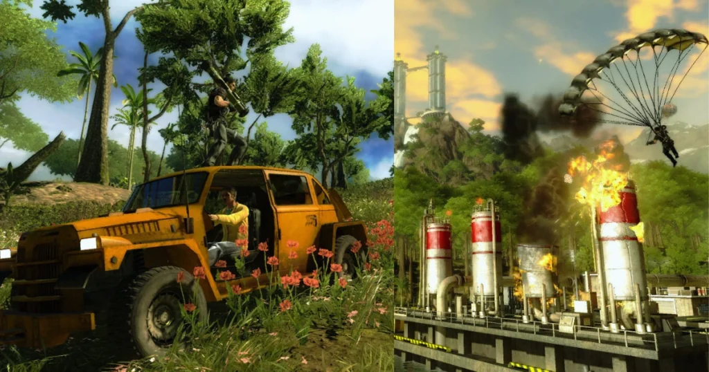 A scene from the video game Just Cause 2 showing a character driving a jeep through a jungle on the left. On the right, the character is seen parachuting towards a burning industrial complex. 