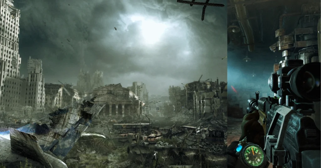 A scene from the video game Metro Last Light Redux showing a post-apocalyptic Moscow with a ruined city and a dark, cloudy sky. A character is holding a gun and aiming at something in the distance.