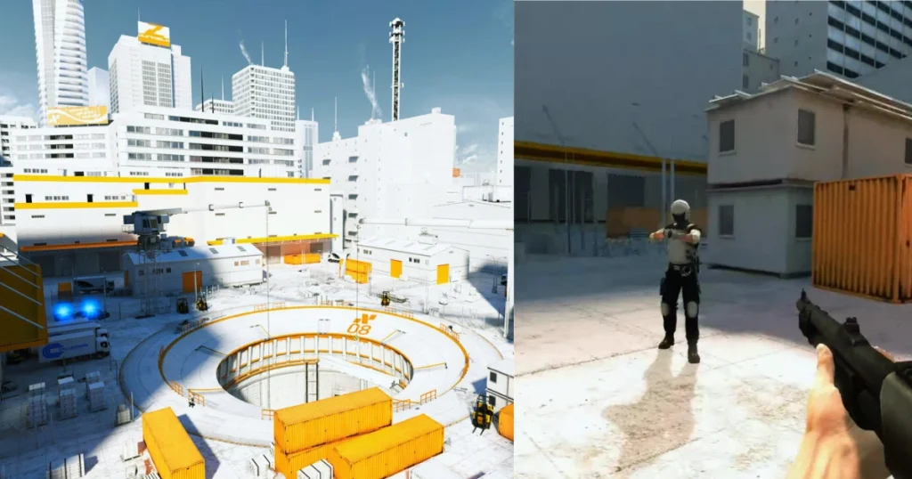 A scene from the video game Mirror's Edge showing a futuristic city with a large circular structure in the center on the left. On the right, the player character, Faith, is seen running across a rooftop with a gun in hand.