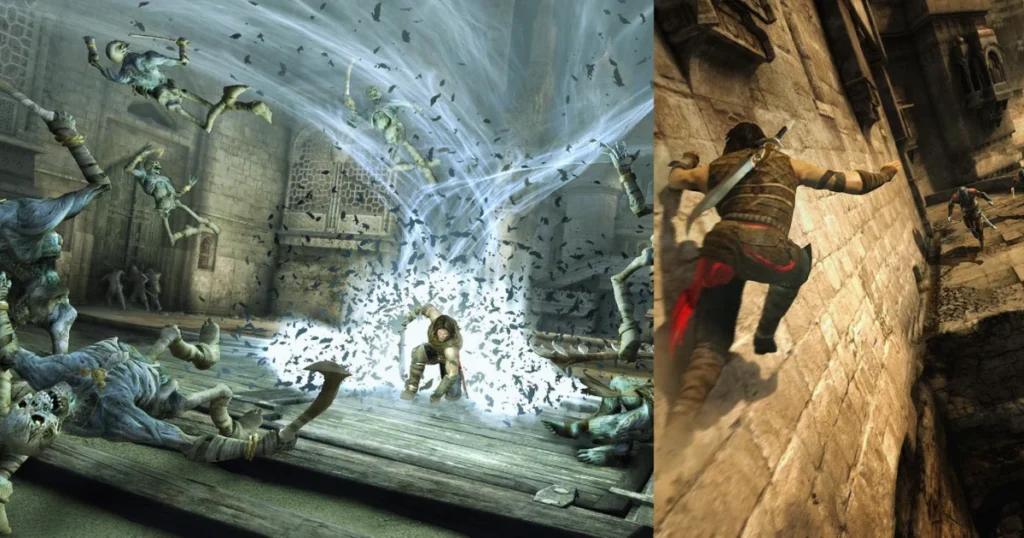 A scene from the video game Prince of Persia: The Forgotten Sands showing the Prince surrounded by enemies and using a magical ability on the left. On the right, the Prince is running along a wall, parkour-style.