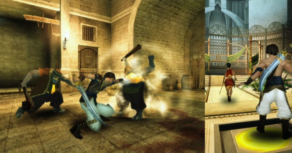 A scene from the video game Prince of Persia: The Sands of Time showing the Prince fighting enemies with a sword and using a magical ability on the left. On the right, the Prince is running away from a group of enemies in a palace.