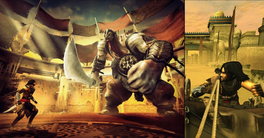 A scene from the video game Prince of Persia: The Two Thrones showing the Prince fighting a large, monstrous creature on the left. On the right, the Prince is running across a rooftop in a city.