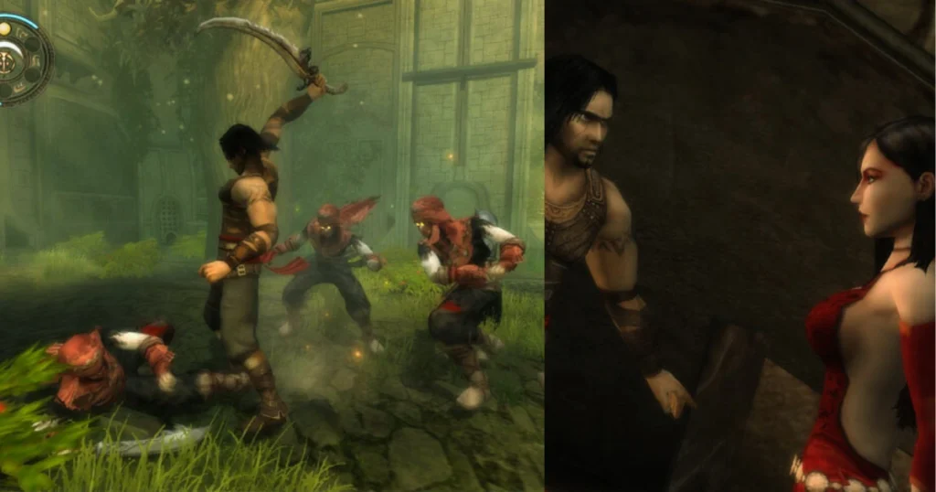 A scene from the video game Prince of Persia: Warrior Within showing the Prince fighting enemies with a sword on the left. On the right, the Prince is talking to a woman in a dark room.