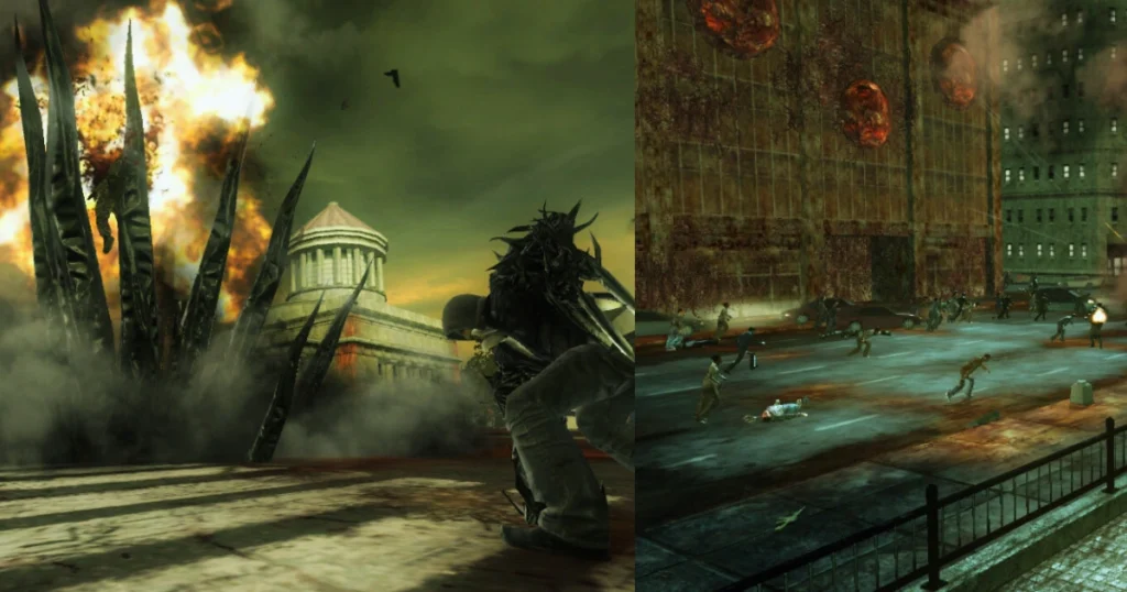 A scene from the video game Prototype showing the protagonist, Alex Mercer, a shape-shifting creature, fighting against a giant, fiery monster in a city. On the right, Mercer is seen running through a city street, surrounded by zombies and other infected creatures.