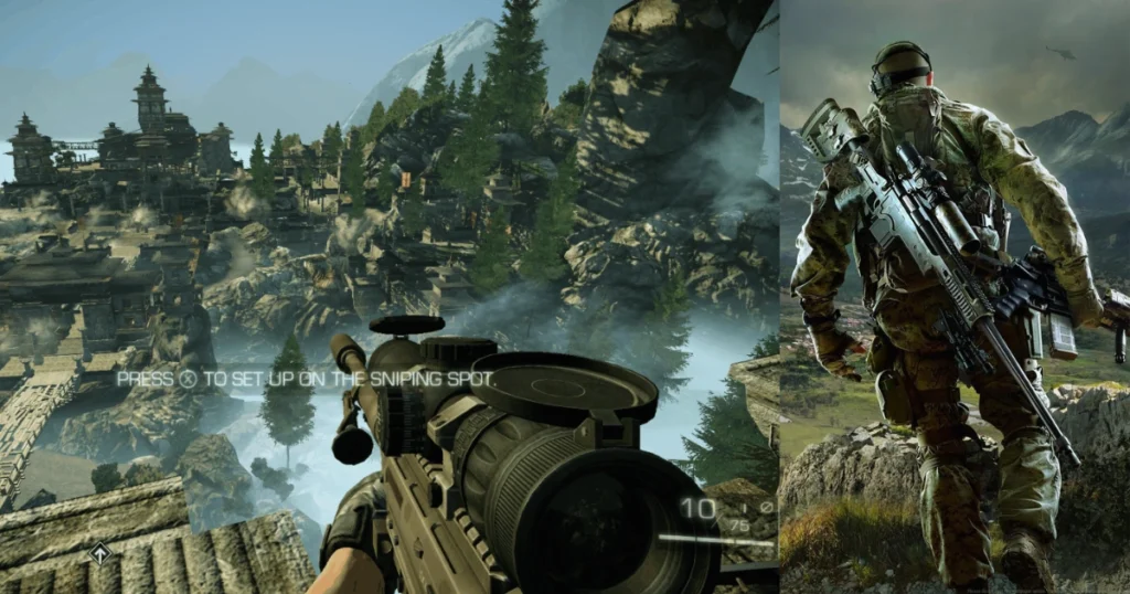 A scene from a video game Sniper Ghost Warrior 2, showing a sniper aiming a rifle through a scope. There is a crosshair in the center of the scope. The background shows a cityscape with tall buildings and a cloudy sky.