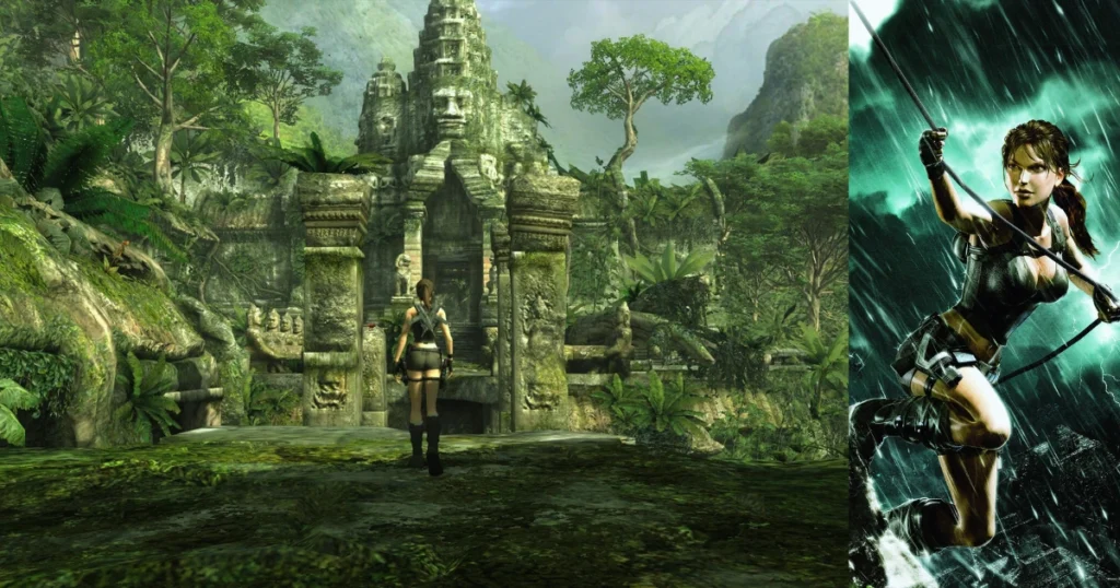 A scene from the video game "Tomb Raider: Underworld," featuring Lara Croft standing before a massive, ancient temple in a lush jungle. The temple is covered in intricate carvings and surrounded by towering trees. In the background, a storm rages, with lightning flashing and rain pouring down.