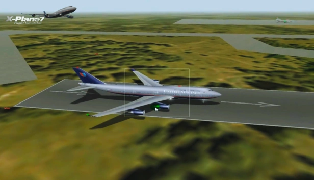 A gameplay screenshot and poster of X-Plane 7, a flight simulator game for Low-end PC under 1GB