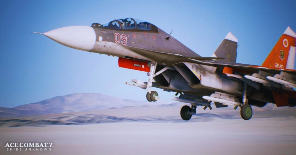 A grey fighter jet with red markings, number 09 on the side, takes off from a desert runway against a clear blue sky. The game logo, "ACE COMBAT 7 SKIES UNKNOWN," is displayed at the bottom.