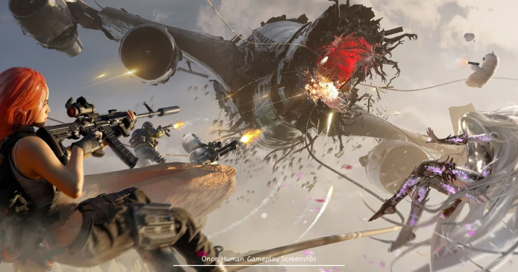 A gameplay screenshot from the post-apocalyptic game Once Human. A woman with red hair and a tactical vest is aiming an assault rifle at a giant, monstrous creature that has emerged from a crashed airplane. Other characters are also fighting the creature, while a large, floating drone is hovering in the background. The scene is set in a desolate, post-apocalyptic landscape.