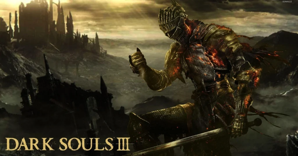 A knight in dark armor, with a sword drawn, stands amidst a desolate, ruined landscape. A towering castle looms in the background, and the sky is filled with dark, ominous clouds. The words "DARK SOULS III" are prominently displayed at the bottom of the image.