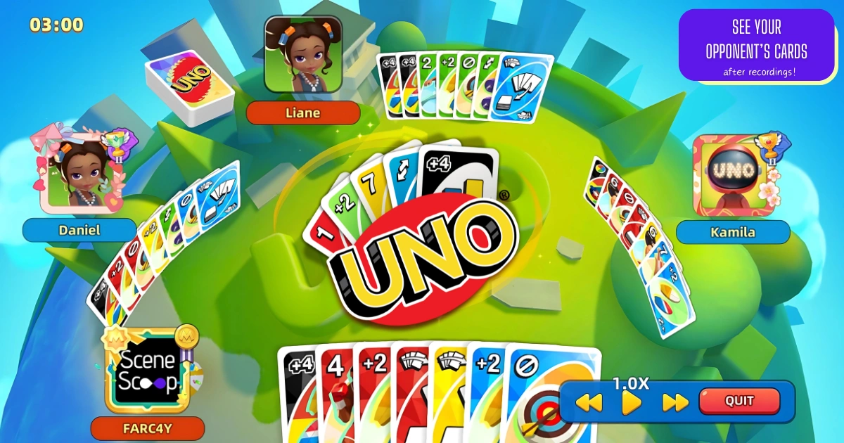 A screenshot of the mobile game UNO showing a group of players playing online. The game board is in the center with the UNO logo. There are various UNO cards on the board, including action cards and number cards. The players' avatars are shown on the sides of the board. The timer is set for 3 minutes. The "See Opponents UNO Cards" button is highlighted.