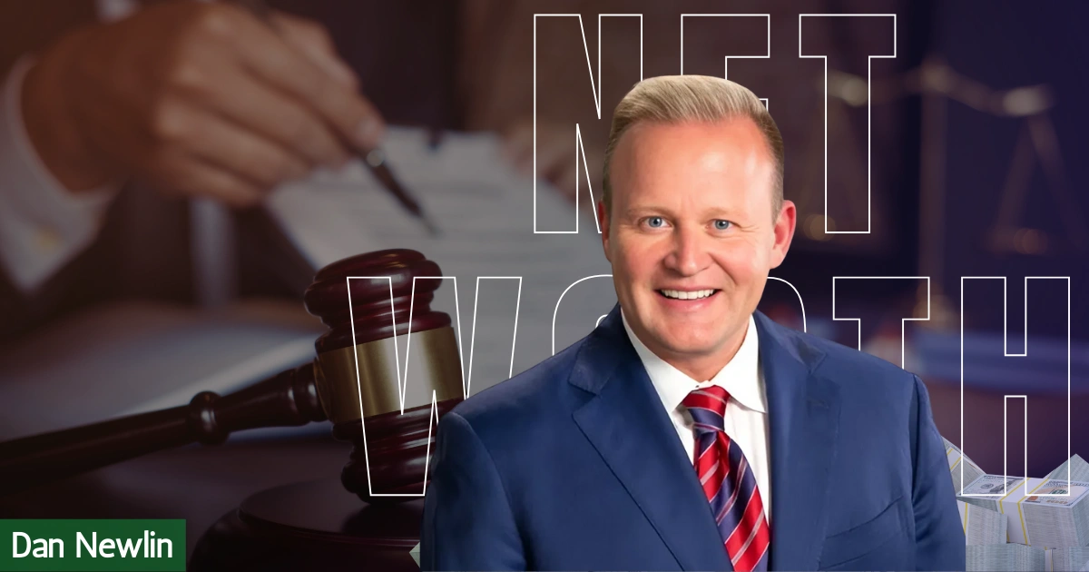 A portrait of Lawyer Dan Newlin, a personal injury attorney, against a backdrop of legal symbols, courtrooms, and US dollar currency,