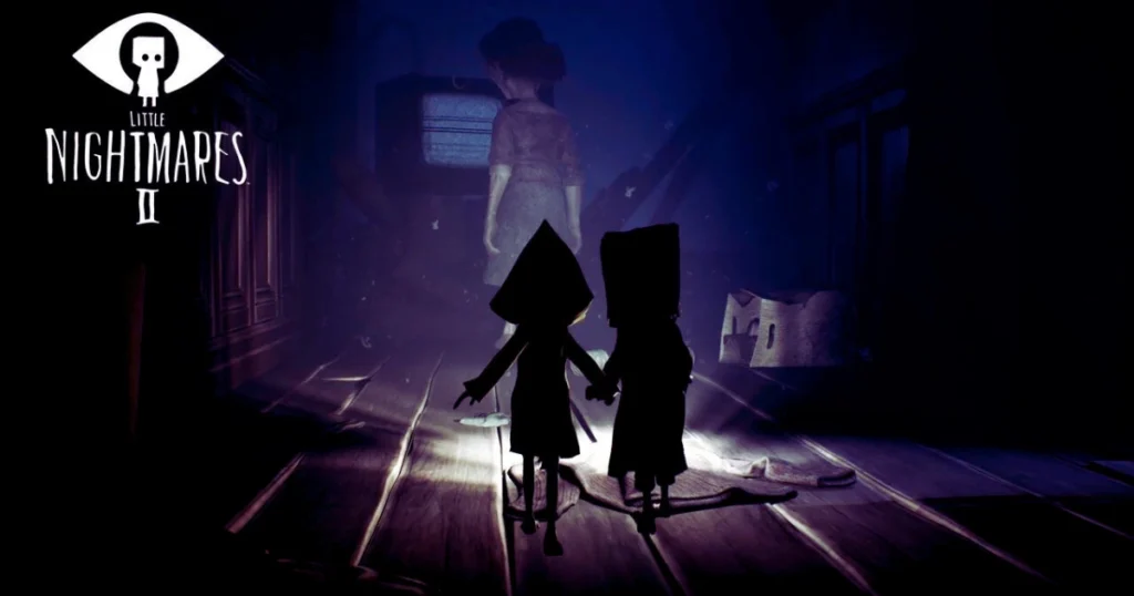 Two children in raincoats and paper bags on their heads walk down a dimly lit corridor towards a glowing TV screen. The image has a dark, unsettling atmosphere, with a focus on shadows and silhouettes. The title "LITTLE NIGHTMARES II" is displayed prominently at the top.