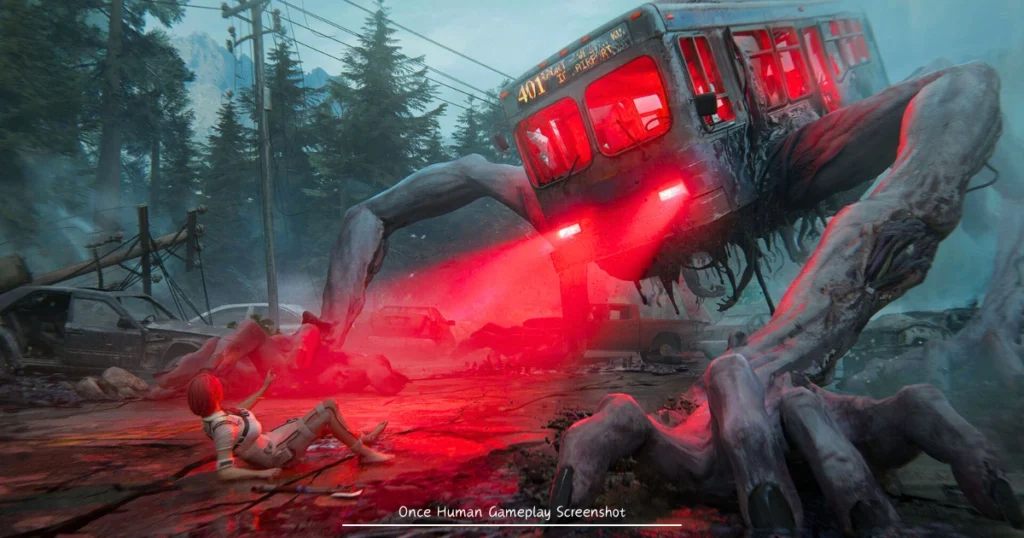 A gameplay screenshot from the post-apocalyptic game Once Human. A giant, monstrous bus with glowing red eyes and spindly limbs is towering over a woman sitting on the ground. The scene is set in a desolate, post-apocalyptic landscape with wrecked cars and overgrown vegetation.