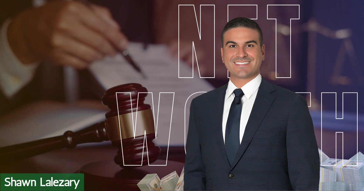 Shawn Lalezary smiling in a suit, with a gavel and legal documents in the background, symbolizing his legal career. The words 'Net Worth' are partially visible, highlighting the focus on his financial and professional achievements, Shawn Lalezary's Net Worth and Personal Life