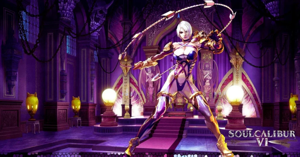 A female warrior with white hair and a striking outfit stands in a grand, opulent hall. She wields a whip and exudes power and confidence. The words "SOULCALIBUR VI" are displayed prominently at the bottom of the image.