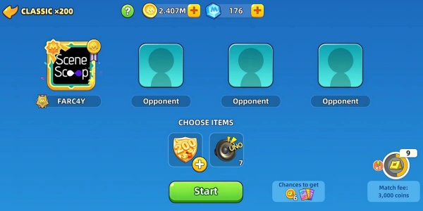 A screenshot of starting a UNO mobile match in a solo classic mode x200