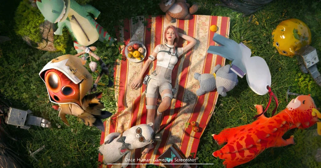 A gameplay screenshot from the post-apocalyptic game Once Human. A woman in a white jumpsuit is lying on a checkered blanket surrounded by various stuffed animals and other objects. A small, robotic creature with glowing eyes is hovering nearby. The scene is set in a lush, green forest with sunlight filtering through the trees.