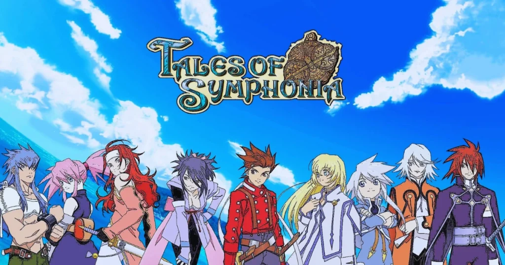 A diverse group of anime-style characters, including a young man with red hair and a sword, a girl with pink hair and a harp, and a man with white hair and a staff, stand together against a backdrop of a blue sky with fluffy clouds. The title "Tales of Symphonia" is displayed prominently above them.