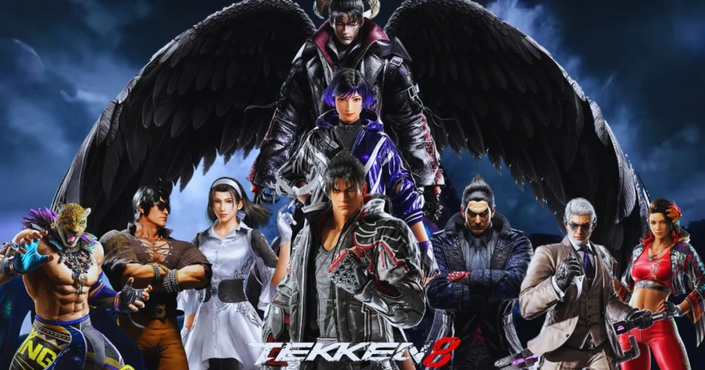 Two fighters, Jin Kazama and Kazuya Mishima, engage in a fierce battle against a dark, stormy backdrop. The characters are rendered in a realistic style with intricate details in their clothing and expressions. The "TEKKEN 8" logo is prominently displayed at the top of the image.