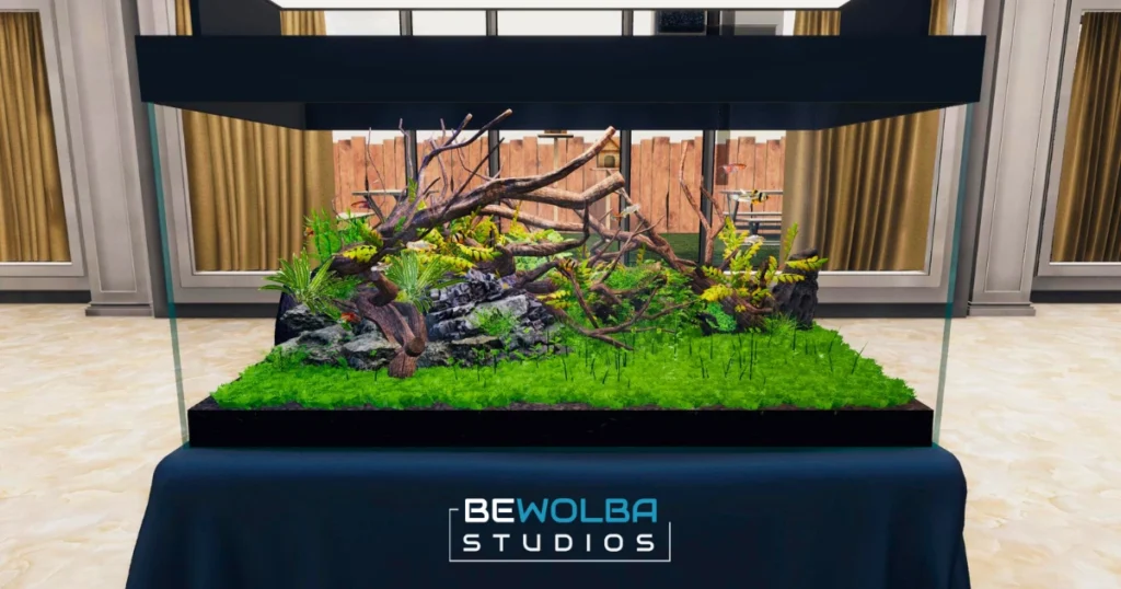 A video game screenshot of a terrarium simulation game, showcasing a beautifully landscaped aquarium filled with lush greenery, rocks, and a variety of aquatic plants. The aquarium is placed on a table, and the player can interact with it to adjust lighting, water conditions, and plant placement.