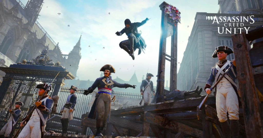 A video game screenshot of Assassin's Creed Unity. The image shows a hooded figure, presumably the protagonist, standing on a rooftop overlooking the city of Paris. The city is illuminated by the lights of the French Revolution, and the Eiffel Tower can be seen in the distance.