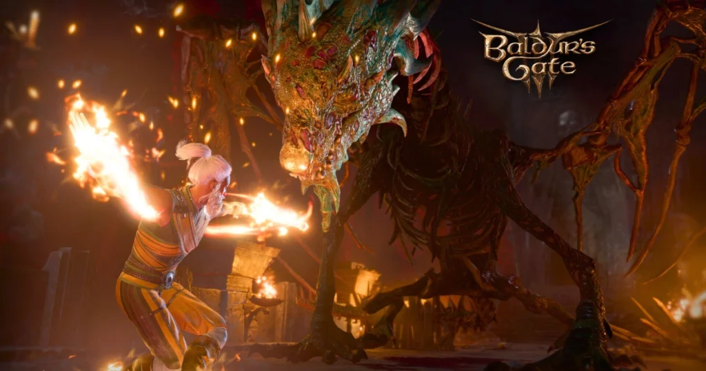 A video game screenshot of Baldur's Gate 3, showcasing a character casting a powerful spell against a fearsome dragon. The character's hands are glowing with magical energy, and the dragon is emitting flames and smoke.