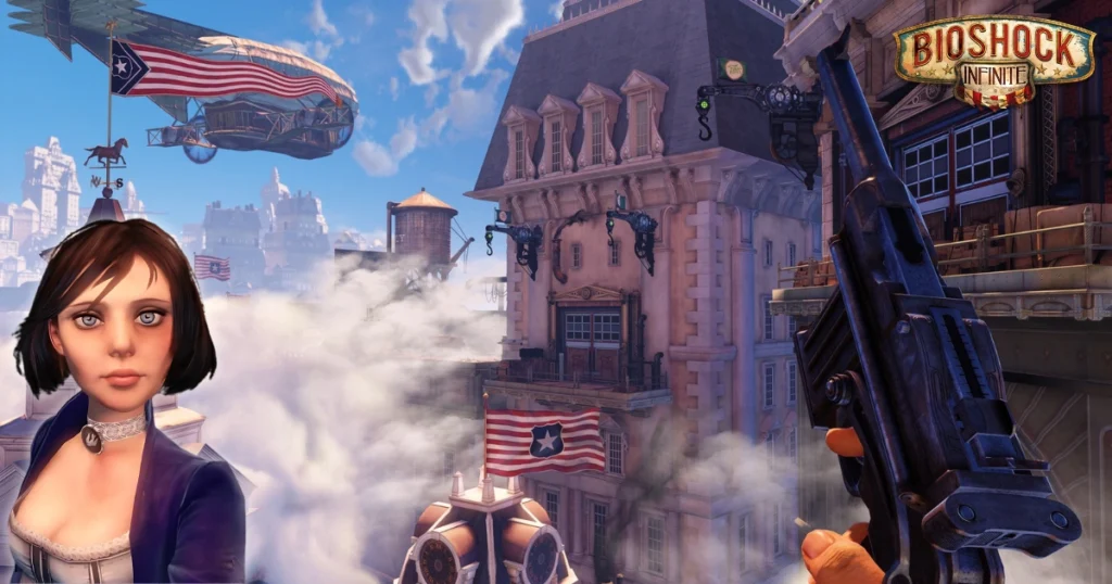 A video game screenshot of a character in a diving suit in a flooded city. The text "BIOSHOCK INFINITE" is displayed prominently at the top.