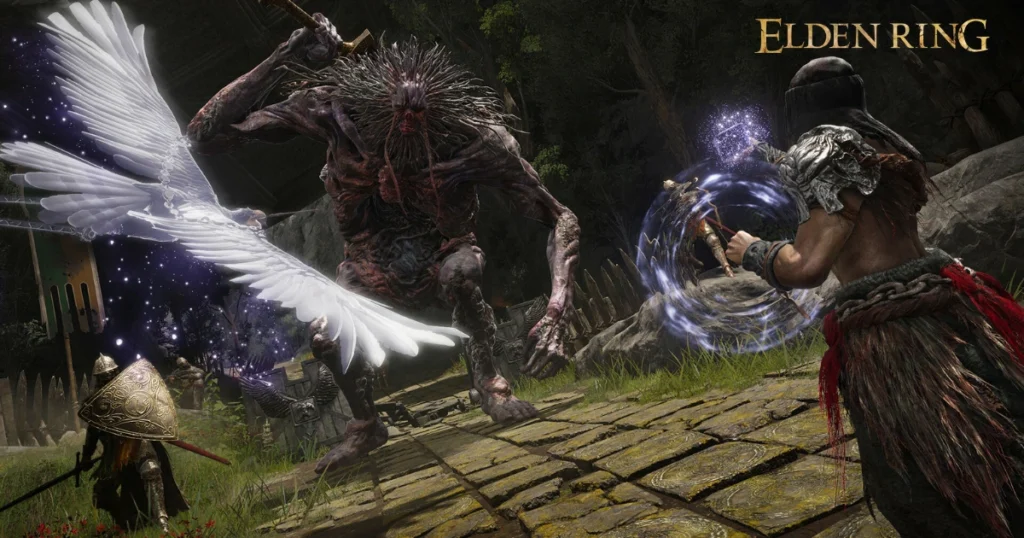 A video game screenshot of Elden Ring. A player character, wielding a staff and casting a spell, faces off against a massive, winged creature. In the background, another player character, equipped with sword and shield, approaches cautiously.