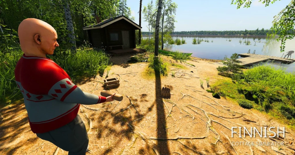 A video game screenshot of Finnish Cottage Simulator. A man is standing in front of a small wooden cabin by a lake, holding a piece of small wood for crafting and repairing house.