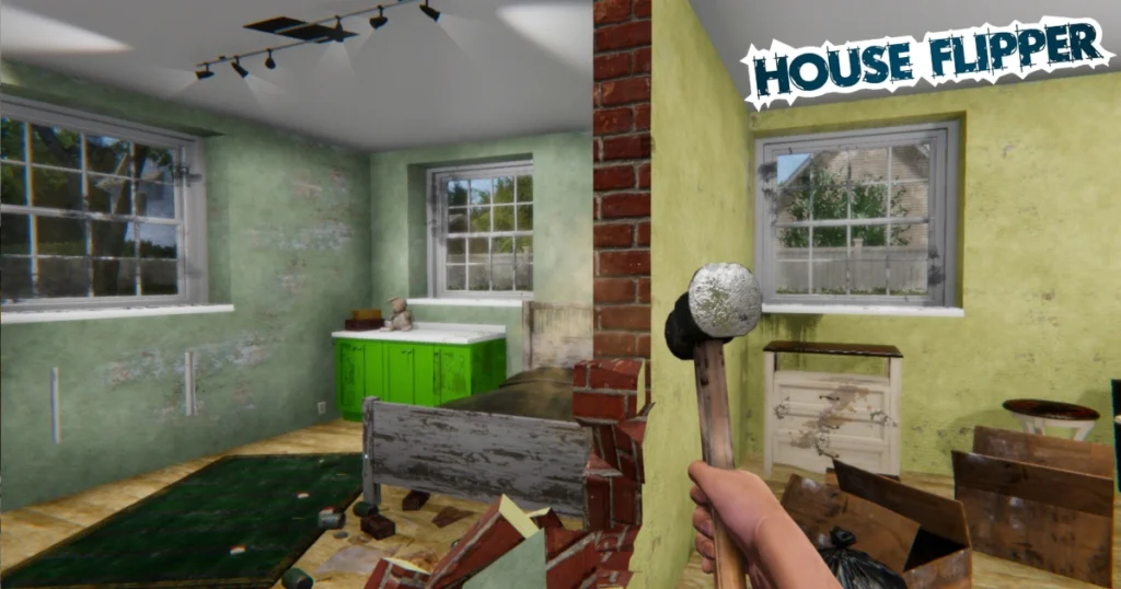 A video game screenshot of House Flipper. A player is holding a sledgehammer and smashing a wall in a dilapidated room. The room is messy, with broken furniture and debris scattered around.