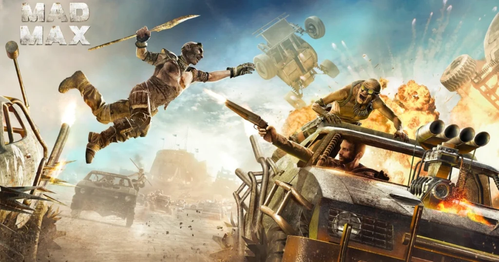 A video game screenshot of Mad Max, featuring the titular character, Max Rockatansky, driving his iconic muscle car through a post-apocalyptic wasteland.