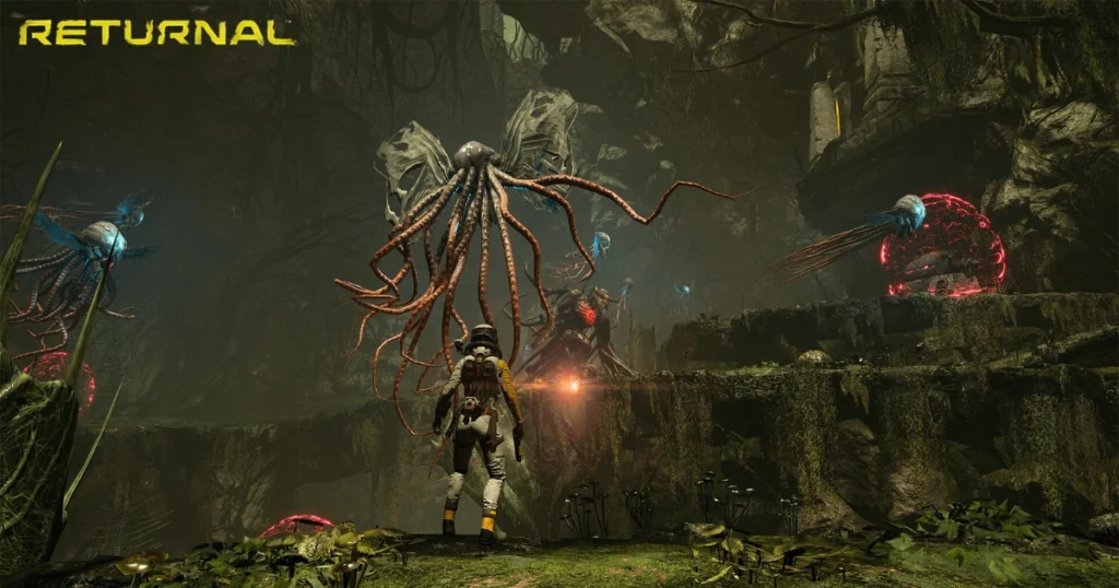 A video game screenshot of an astronaut, armed with a high-tech rifle fighting a creature on an alien planet. A massive, otherworldly creature with multiple tentacles looms in the background, while strange, bioluminescent plants and crystals dot the terrain. The word "RETURNAL" is displayed prominently at the top of the image.