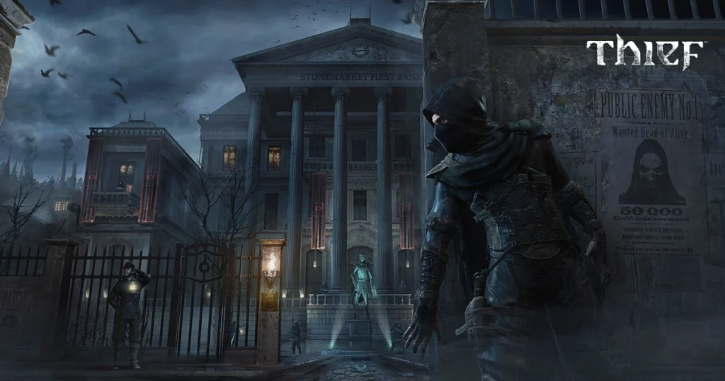 A dark, atmospheric scene from the video game Thief. A hooded figure, the game's protagonist, stands in the shadows of a dimly lit, gothic city street. In the background, a grand, imposing building looms, its windows illuminated by flickering lights. A wanted poster, bearing the image of a woman and offering a reward, is plastered on a nearby wall. 