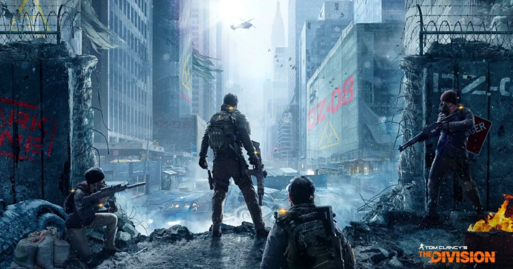 A video game screenshot of Tom Clancy's The Division, showing a group of soldiers in tactical gear, armed with guns, moving through a snowy, post-apocalyptic city.